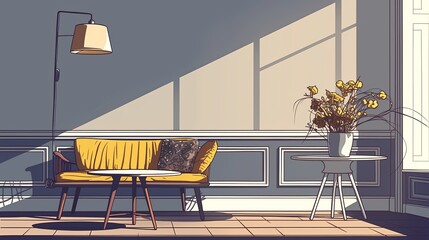 Modern interior with a yellow sofa and decorative flowers