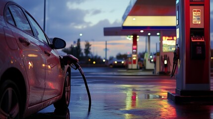 Poster - A car parked at the pump, fuel nozzle in place, refueling with unleaded petrol at a gas station at dusk.