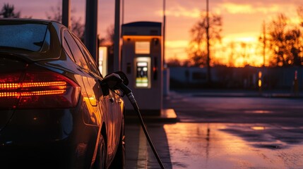 Poster - A car parked at the pump, fuel nozzle in place, refueling with unleaded petrol at a gas station at dusk.