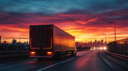 Poster - A delivery truck captured from behind as it drives on a road leading to a glowing city at dawn, the sky painted in warm sunrise colors