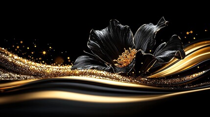 Poster -   A close-up of a flower on a black background with gold accents and a wave of water in the foreground