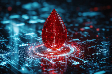 Poster - Red droplet sits on a futuristic digital interface at night