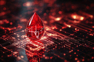 Poster - Red droplet on glowing circuit board symbolizes technology and health