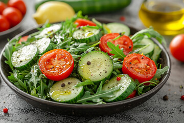 Fresh garden salad with cucumbers and tomatoes on a wooden table