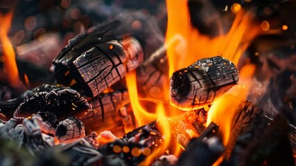 Aufkleber - Embers of Passion: Close-up of glowing embers and fiery flames in a captivating bonfire scene.  A mesmerizing display of heat and light. 