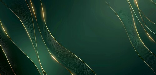 Poster - Green background with golden lines, a minimalistic design featuring simple shapes, a dark green gradient, vector graphics, a clean and modern style with elegant curves, lines, light reflections