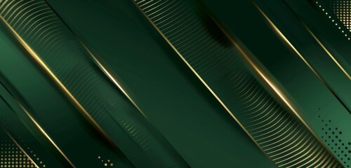 Poster - Green background with golden lines, a minimalistic design featuring simple shapes, a dark green gradient, vector graphics, a clean and modern style with elegant curves, lines, light reflections