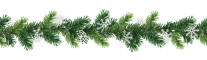 Wall Mural - vector seamless decorative christmas garland with coniferous branches and paper snowflakes on transp