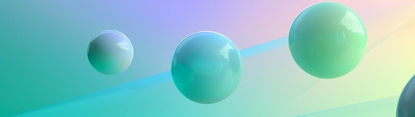 Poster - A soft gradient background with green and blue hues, featuring geometric shapes and balls in the foreground. Simple yet elegant, perfect for creating an inviting atmosphere web pages or digital media