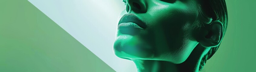 Vibrant green woman’s face lips and mouth gradient background with soft gradients and subtle geometric shapes, providing an elegant and modern design for various applications.