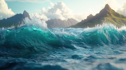 Poster - A wave in the ocean with mountains in the background