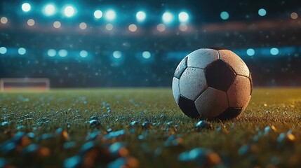 Soccer ball in a stadium illuminated for a night match, action