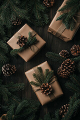 Fir branches and pine cones surround a collection of holiday presents on a dark wooden background. The natural greenery and rich wood tones create a cozy, inviting scene perfect for celebrating the