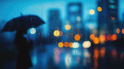 Photograph of a city skyline with bokeh lights reflected in raindrops on a window, with a blurry background of a person holding an umbrella and a woman walking at night.