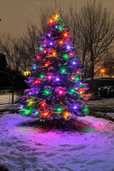 An outdoor Christmas tree adorned with colorful lights stands illuminated against the night sky. The snow-covered ground reflects the soft glow of the lights, creating a serene and festive winter