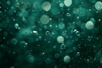 Fototapete - Abstract background with bubbles in a green color on dark water, the bubbles floating up suitable for a design, banner, poster, or presentation. Oil, water drops, water ripples, and a light effect
