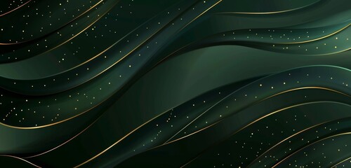 Poster - Green background with golden lines, a minimalistic design featuring simple shapes, a dark green gradient, vector graphics, a clean and modern style with elegant curves, lines, light reflections