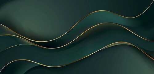 Poster - Green background with golden lines, a minimalistic design featuring simple shapes, a dark green gradient, vector graphics, a clean and modern style with elegant curves, lines, light reflections
