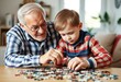 © Baha - A grandfather and grandson working on a puzzle together their mi