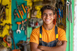 © wolfhound911 - A joyful young Brazilian technician with a wrench in hand poses in a colorful workshop. His approachable smile and enthusiasm for his work create a positive impression, highlighting his dedication to
