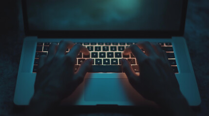 Wall Mural - a person is typing on a laptop in front of a potted plant. the laptop is open and the person's hands