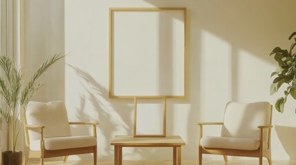 Minimalist Living Room with Two Chairs, a Wooden Table, and Two Blank Picture Frames