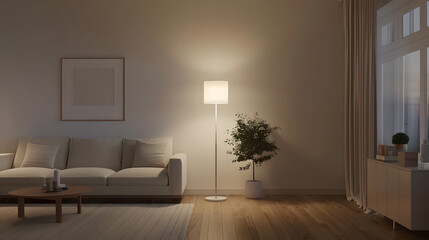 Minimalist Living Room at Night with Wooden Floors – Modern Interior Design and Cozy Ambiance