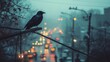 © paisorn - Crow on telephone wire, observing bustling street scene, urban life intertwined with nature, a moment of stillness amidst chaos