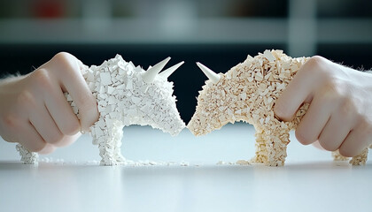 Aufkleber - Creative hands hold two sculptures representing bull and bear, symbolizing market dynamics. intricate details of sculptures showcase craftsmanship and artistic expression
