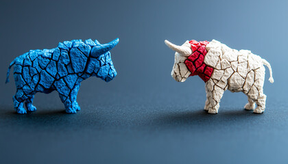 Aufkleber - Crumbling stone sculptures of blue bull and white bull with red accents symbolize market trends. contrasting colors evoke sense of competition and volatility in finance