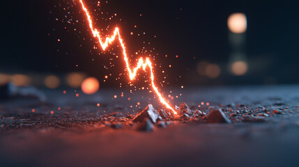 Poster - striking visual of bright orange lightning bolt striking ground, surrounded by scattered rocks and particles. dynamic energy creates dramatic atmosphere, evoking sense of power and intensity