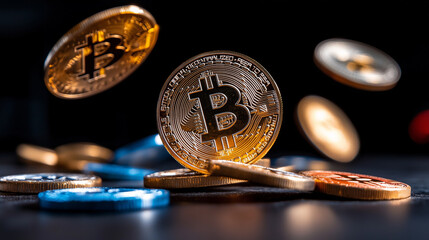 Poster - Digital coins are falling in dynamic display, showcasing vibrant colors of cryptocurrency. scene captures essence of virtual finance and investment opportunities