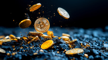 Poster - Digital coins are falling from above, creating striking visual against dark background. scene captures essence of cryptocurrency and its dynamic nature