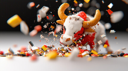 Poster - digital representation of shattered bull statue made from colorful blocks, showcasing dynamic explosion of pieces. vibrant colors and intricate details create striking visual impact