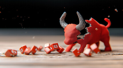 Aufkleber - digital representation of shattered bull statue surrounded by red cubes, symbolizing market volatility and financial dynamics. scene evokes sense of disruption and change
