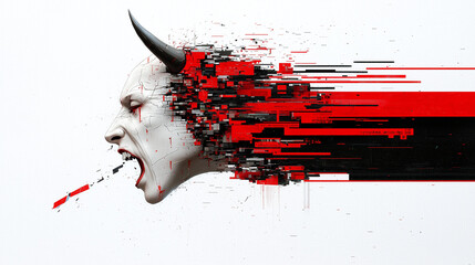 Aufkleber - digital representation of fragmented face with horns, expressing intense emotion through abstract red and black elements. artwork conveys sense of chaos and power