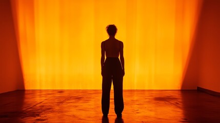 Poster - A silhouette of a person stands before a vibrant orange backdrop in an art installation during an evening exhibition