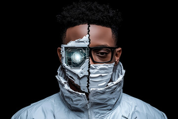 Aufkleber - futuristic cyberpunk character with divided face, showcasing blend of human and robotic features. striking contrast highlights advanced technology and emotion