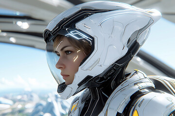 Poster - futuristic cyberpunk character with divided face, wearing sleek helmet and advanced suit, gazes thoughtfully into distance, embodying sense of adventure and exploration