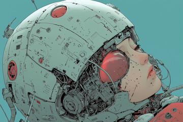 Poster - futuristic cyberpunk character with divided face, showcasing intricate mechanical details and serene expression. blend of technology and human features creates captivating visual