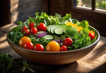 colorful fresh salad arrangement rustic wooden table creating vibrant culinary display, vegetables, greens, tomatoes, cucumbers, lettuce, peppers, onions