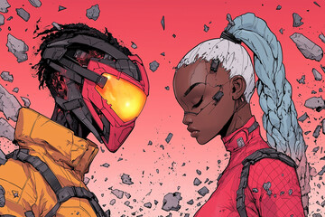 Poster - striking illustration of two cyberpunk characters facing each other, showcasing divided face and contrasting styles. vibrant colors and dynamic background enhance futuristic theme