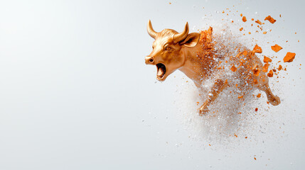 Poster - golden bull statue bursts through wall of debris, symbolizing strength and resilience. dynamic motion captures essence of power and determination