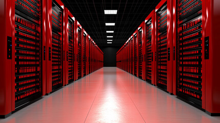 Poster - modern data center featuring rows of red server racks, creating striking visual effect. symmetrical layout and vibrant colors evoke sense of advanced technology and efficiency