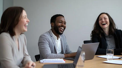 Poster - Three people are sitting at a table, laughing and smiling