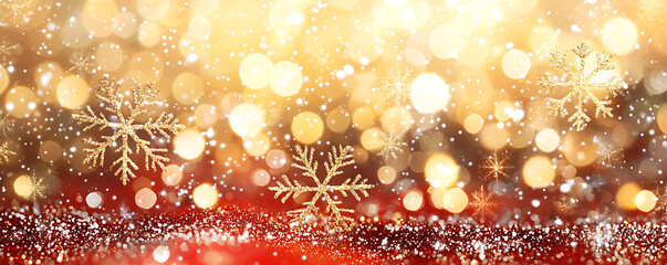  Abstract red and gold light bokeh background adorned with glistening snowflakes