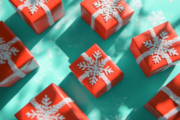 A series of red gift boxes with delicate snowflakes is displayed against a bright aqua background, adding a refreshing and modern holiday feel with cool, bold colors.