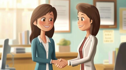 2D cartoon businesswoman shaking hands with a new client, in a professional setting, 2D, clean lines, negative space,