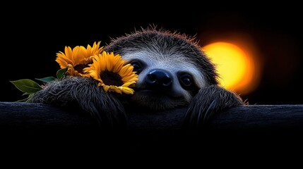 Wall Mural -  Sloth on a tree branch with sunflower