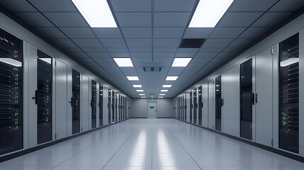  A modern server room showcasing clean lines and organized space illuminated by soft diffused lighting highlighting the technological advancements of a data center for efficient operations